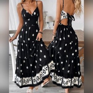 SHEIN Black and White Floral Backless Dress